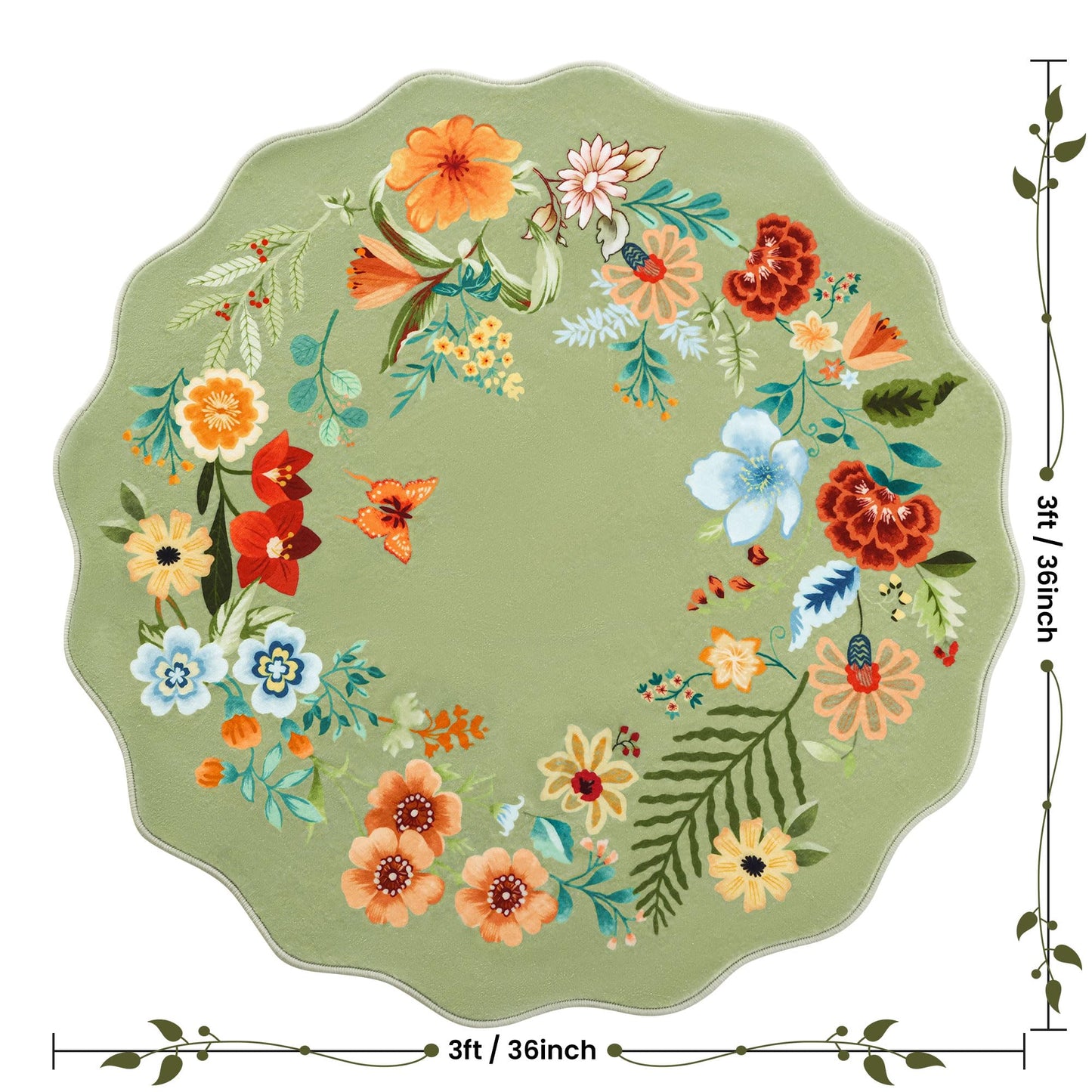Asrug Scalloped Round Rug 3ft, 3’Green Round Area Floral Rug Low Pile Stain Resistant Non Slip Washable Circle Rugs for Living Kitchen Bedroom Nursery Entryway, Floral Soft Carpet