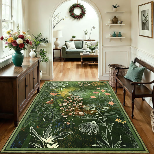Yinhua Dark Green 3x5 Area Rug for Entryway, Botanical Washable Rug Non Silp, Low Pile Vintage Rugs Stain Resistant, Soft Boho Floral Carpet for Bedside Kitchen Living Room