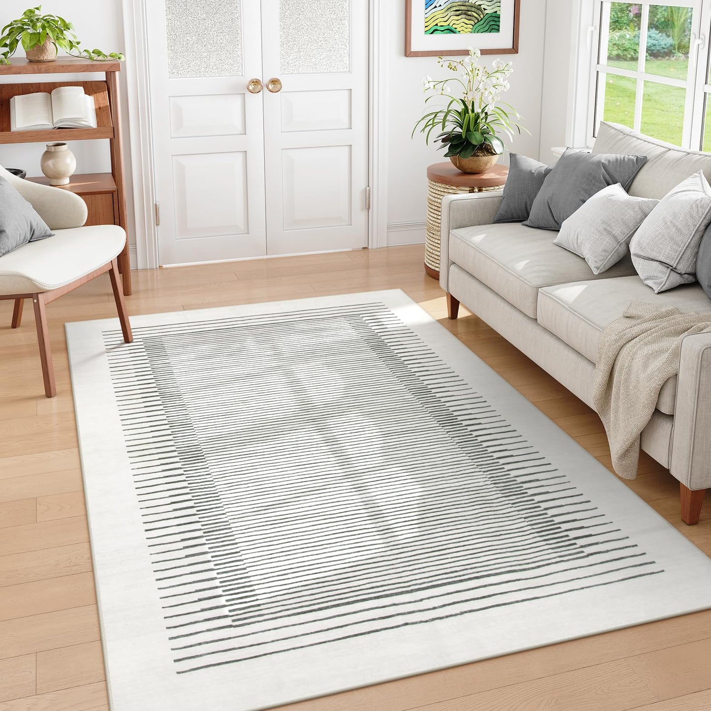 Morebes Modern 5x7 Washable Rug for Living Room, Geometric Stain-Resistant Soft Bedroom Rug, Non Slip Low Pile Indoor Carpet for Dining Room Home Office (5'x7',White)