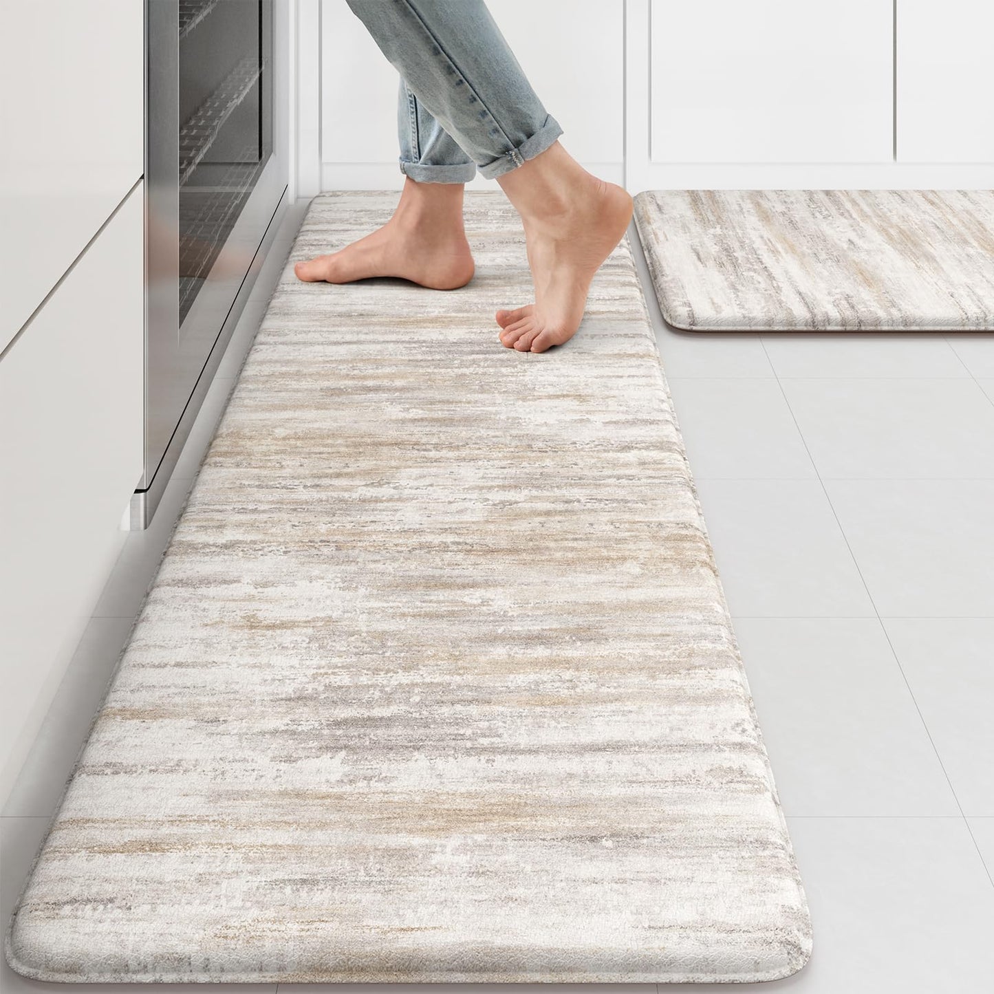 KIMODE Anti Fatigue Kitchen Mats for Floor 2 Piece, Cushioned Abstract Kitchen Rugs,Memory Foam Kitchen Floor Mats, Standing Desk Mats for Laundry, Office, Sink Light Brown Multi 17"x47"+17"x29"