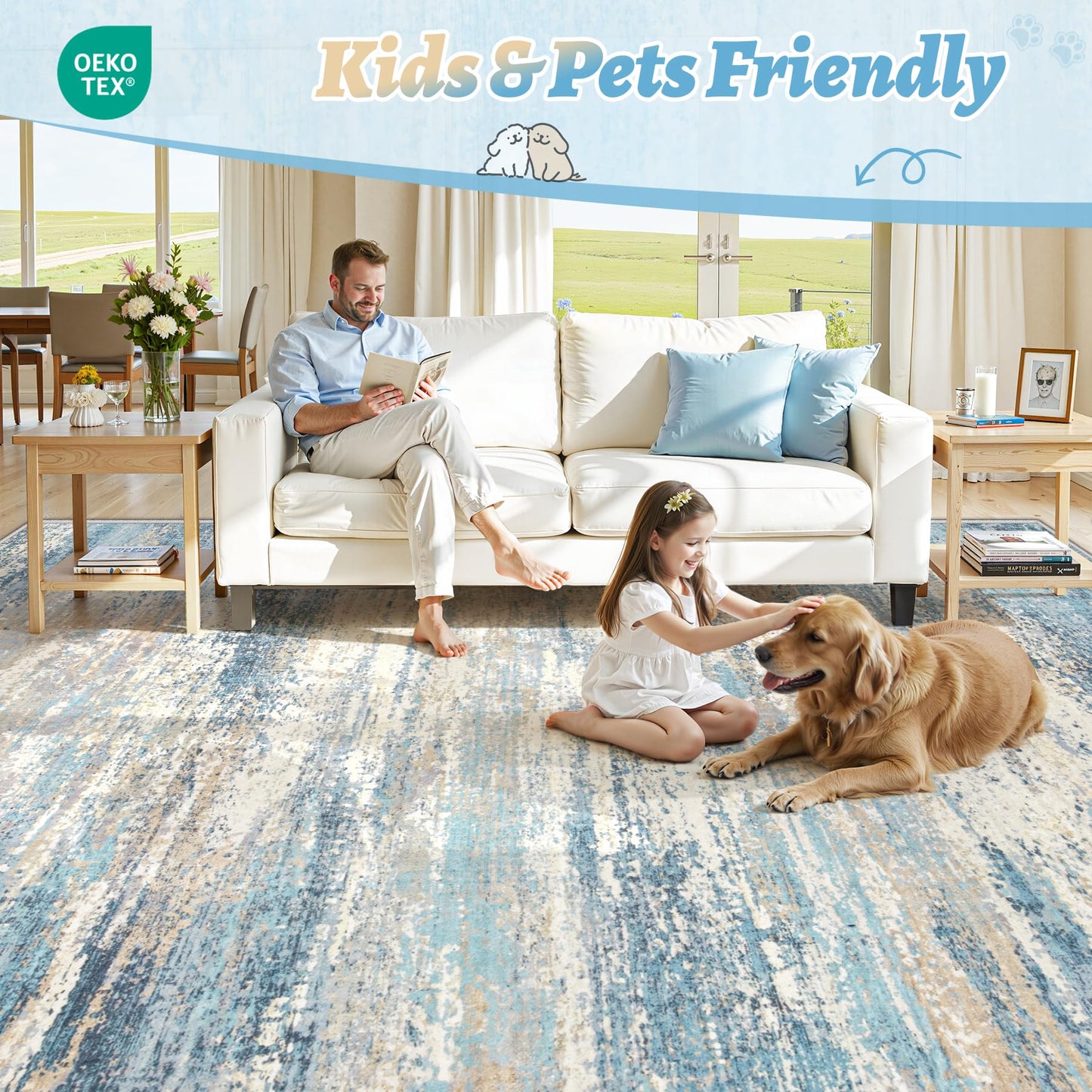 5x7 Area Rugs for Living Room: Washable Modern Abstract Rug Neutral Non-Slip Soft Low-Pile Indoor Carpet for Bedroom Nursery Dining Room Home Office (Blue Grey, 5'x7')
