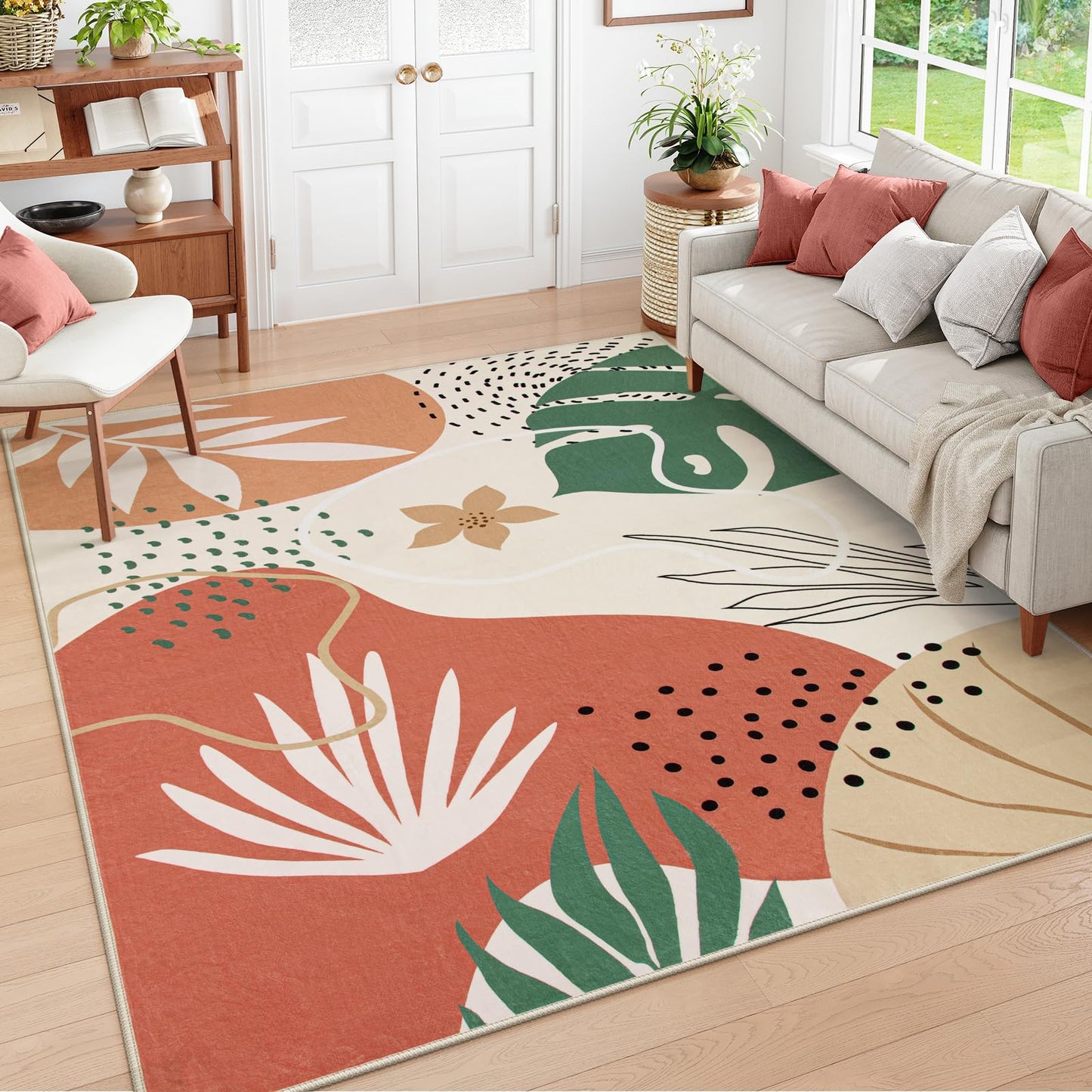 Lahome 5x7 Area Rug for Living Room, Washable Rugs 5x7 for Bedroom Soft Kids Nursery Carpet, Boho Botanical Print Non-Slip Low Pile Carpet for Office Playroom Kitchen Entryway, Coral