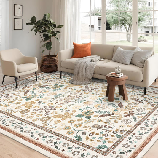 GarveeHome Rugs for Living Room 9x12 Machine Washable Soft Print Boho Low Pile Flower Area Rugs Non-Slip Backing Stain Resistant for Bedroom Farmhouse Dining Room Nursery Beige