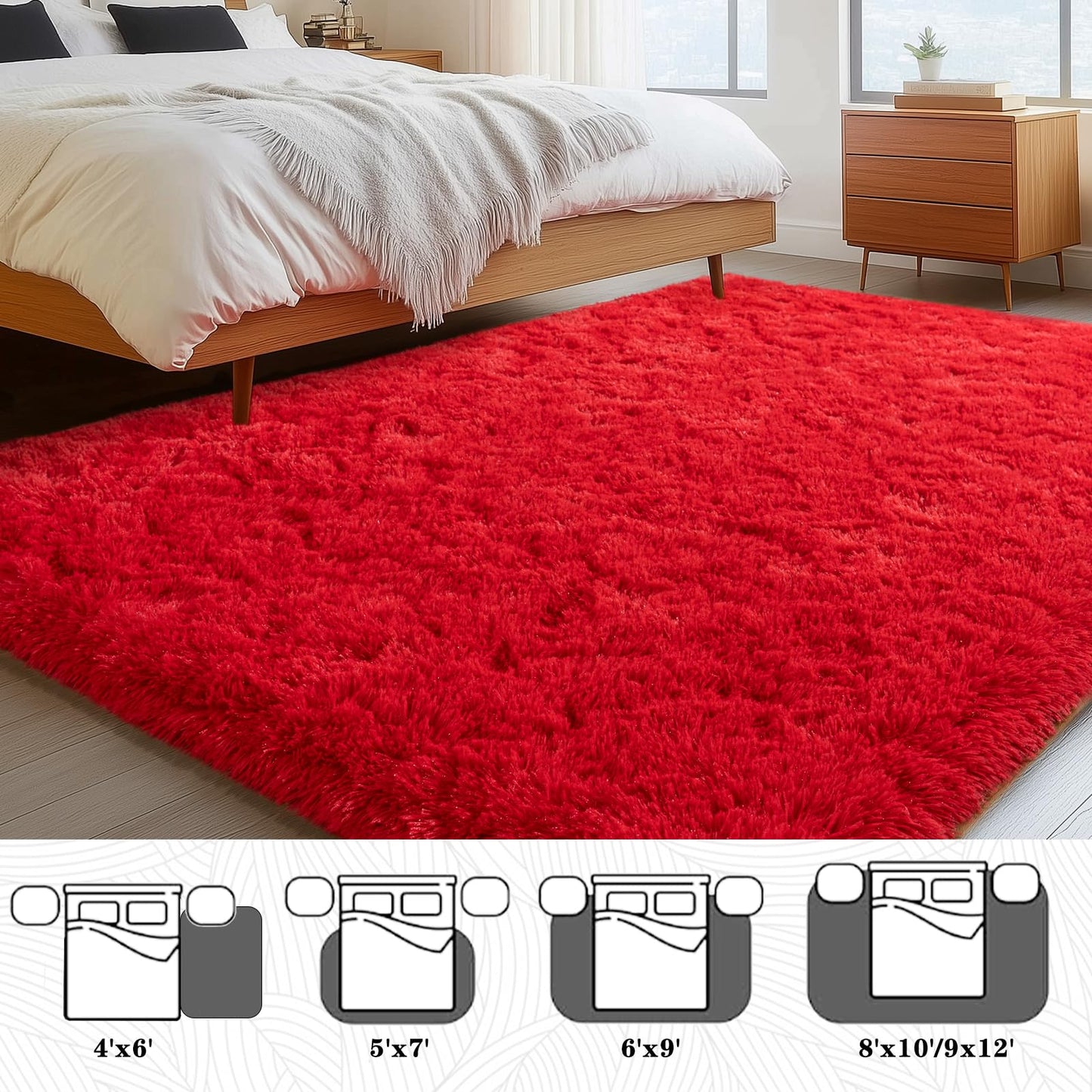 Large Shag Rugs 6 x 9, Red Fluffy Area Rug for Living Room, Soft Fuzzy Plush Carpet for Bedroom Girls Kids Room, Indoor Shaggy Rug for Home Decor Aesthetic, Upgrade Non-Slip