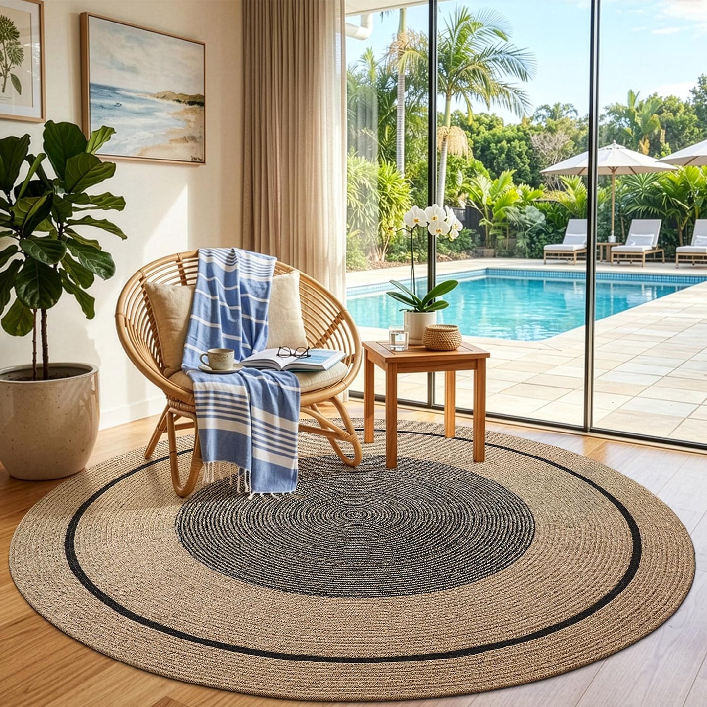 LUMI Jute Area Rug 4ft Round for Living Room, Natural Braided Woven Rugs Non Slip, Neutral Farmhouse Carpets No Shedding, Durable for High Traffic, Dining Room, Indoor, Outdoor, Patio