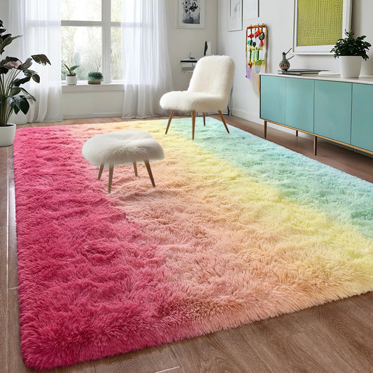DweIke Luxury Fluffy Kids Rugs for Living Room Bedroom, 4x6 Feet Shaggy Rainbow Pink Area Rug for Girls Boys, Upgrade Plush Non-Slip and Washable Colorful Fuzzy Carpet for Dorm Nursery Decor