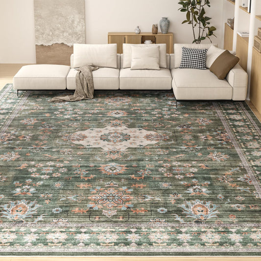 COHOME Green Boho 9x12 Washable Rug for Living Room Dining Under Table, Vintage Soft Low Pile Carpet for Bedroom, Non-Slip Farmhouse Large Tumble Rug for High Traffic Area
