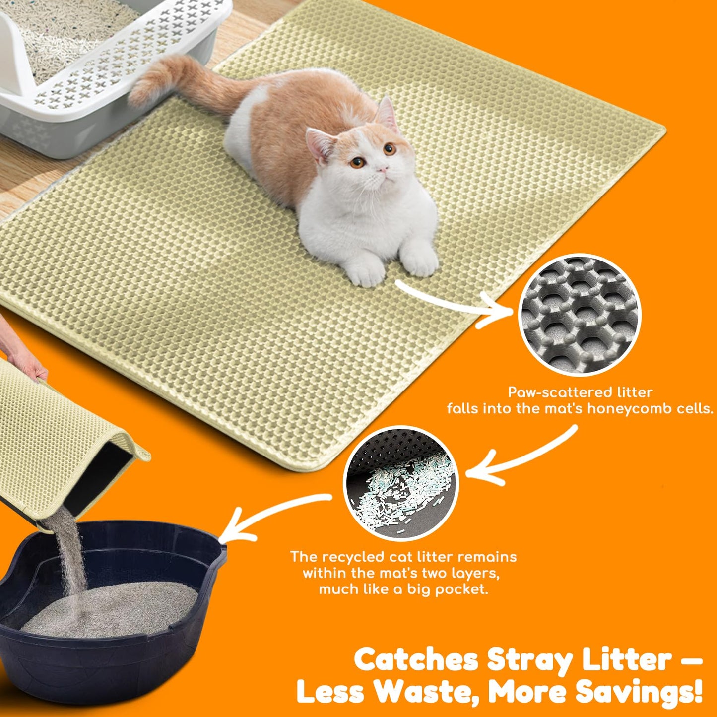 blissstorm Waterproof Cat Litter Mat - New 24x16 Inch Honeycomb Double Layer Traps Litter, Waterproof & Non-Slip Floor Protector, Easy Clean, Odor-Free, Cream