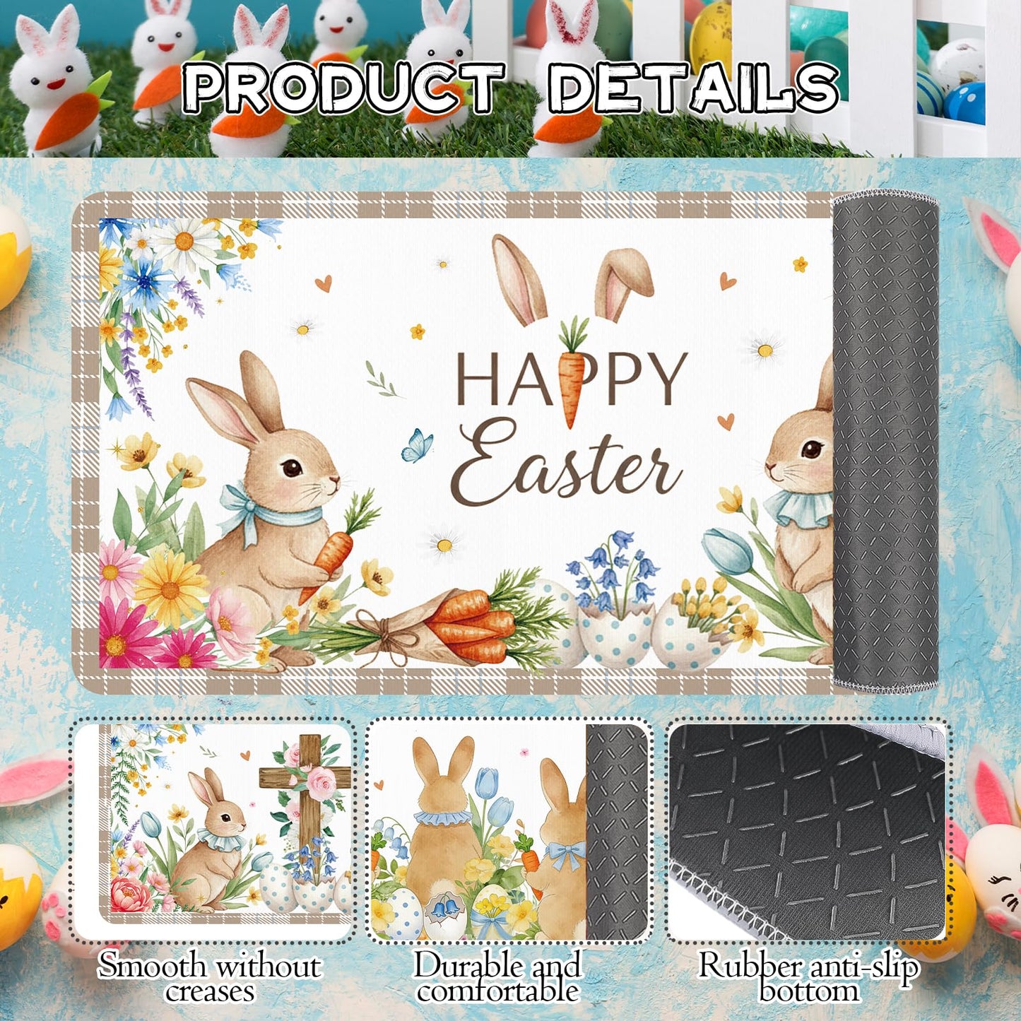 VISSTREE Happy Easter Kitchen Rugs Set of 3, Cute Bunny Egg Non Slip Kitchen Mats, Washable Rabbit Christian Floor Decor for Indoor Outdoor Spring Seasonal Holiday Farmhouse Home Decorations