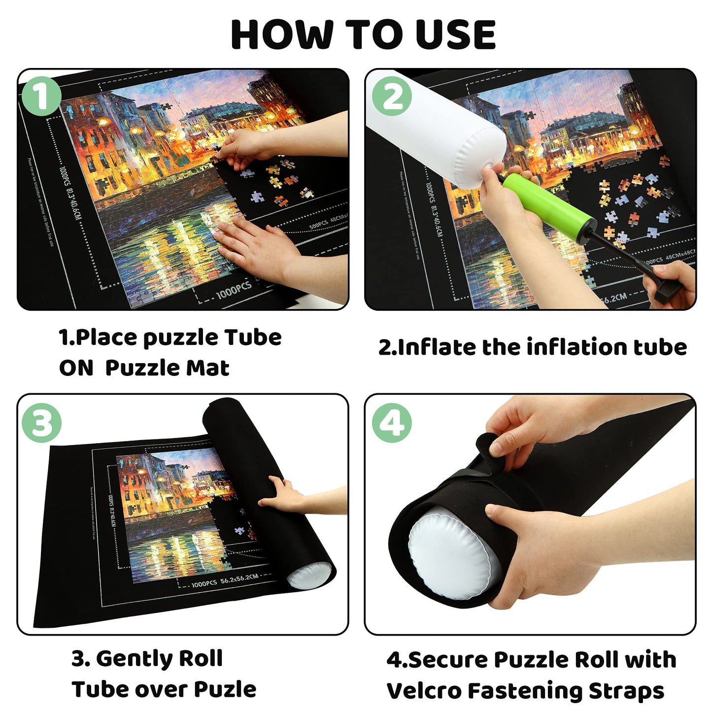 Portable Puzzle Mat Roll Up - with 9 Glue Sheets, Sorting Trays, Hand Pump, Inflatable Tube, and Storage Bag - Perfect for Kids and Adults (Black, 1500pcs)
