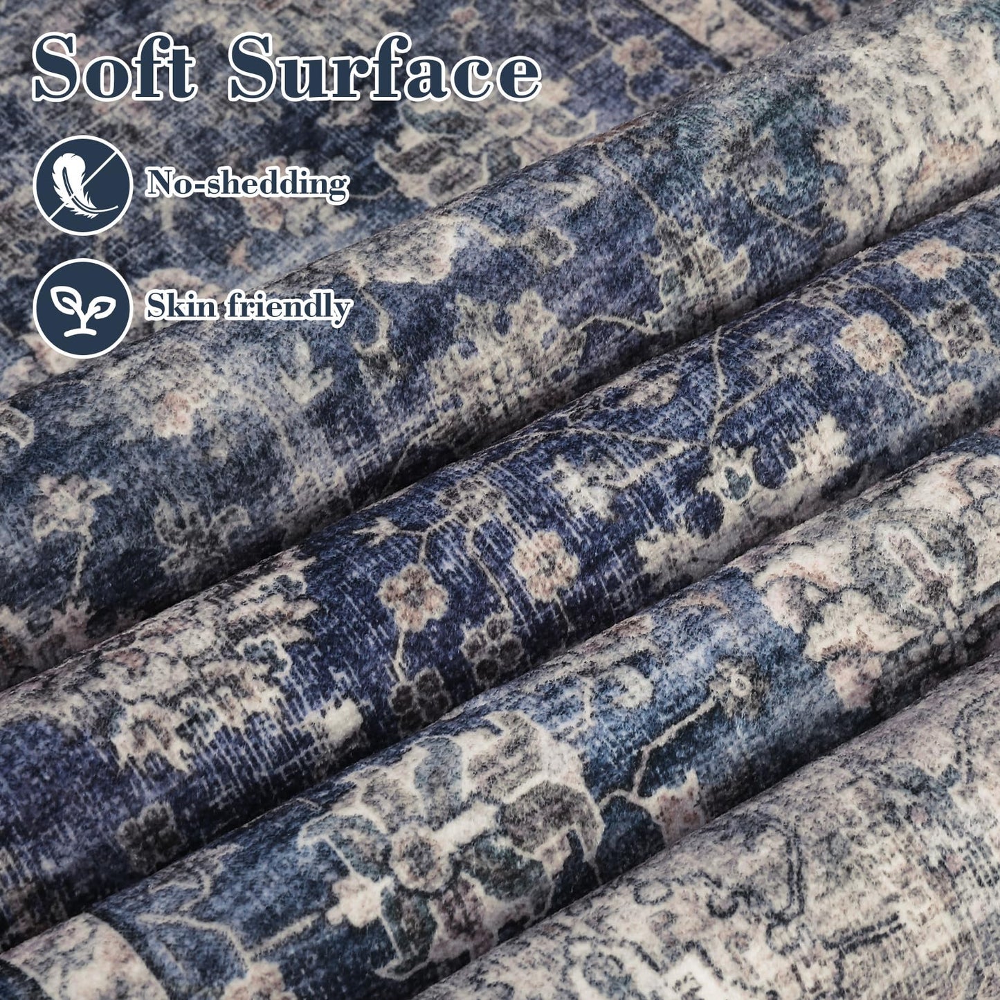 GarveeHome Area Rugs 8x10 Large Vintage Printed Accent with Non-Slip Backing, Stain-Resistant Oriental Living Room Washable Farmhouse Low Pile Rugs for Bedroom, Office, Blue