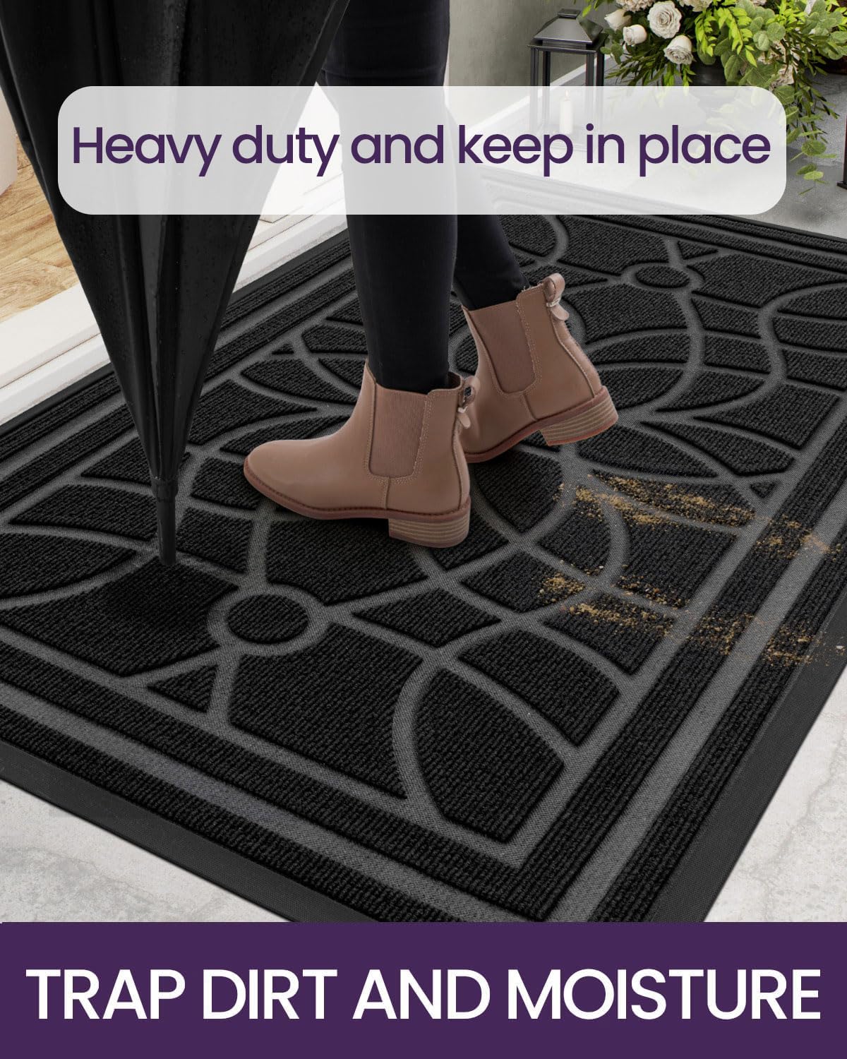 DEXI Front Door Mat Outside Entrance, 4x6ft Large Heavy Duty Non Slip Low Profile Doormat for Entryway, Trap Dirt and Moisture Welcome Mats, Easy Clean, Patio, Garage, Black