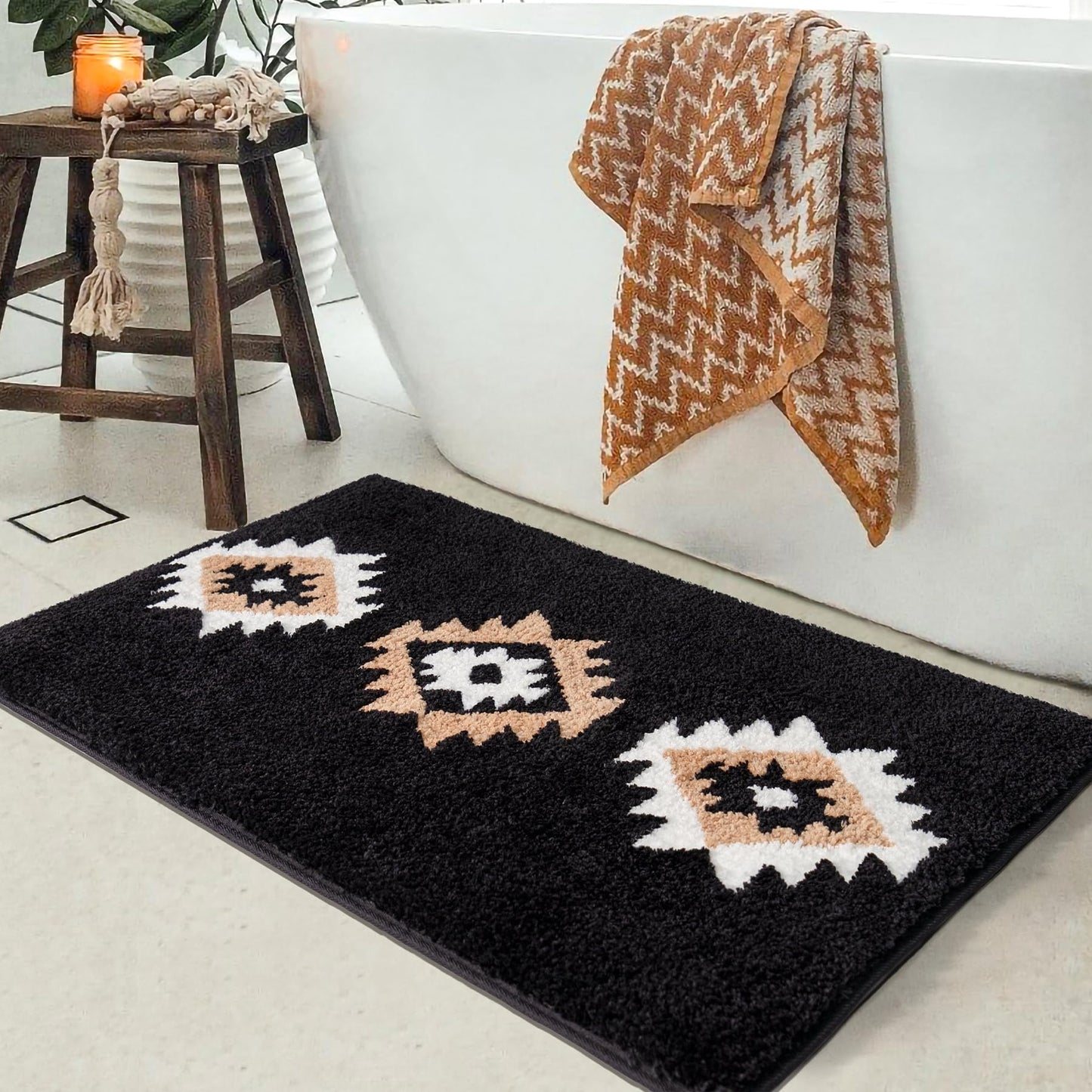 DEXDE Black Bathroom Rugs Mat 20x32, Aztec Boho Bath Rugs Long Western Plush Non Slip Machine Washable Bath Mats Large Luxury Soft Absorbent Modern Carpet for Floor, Tub, Shower, Kitchen, Entryway