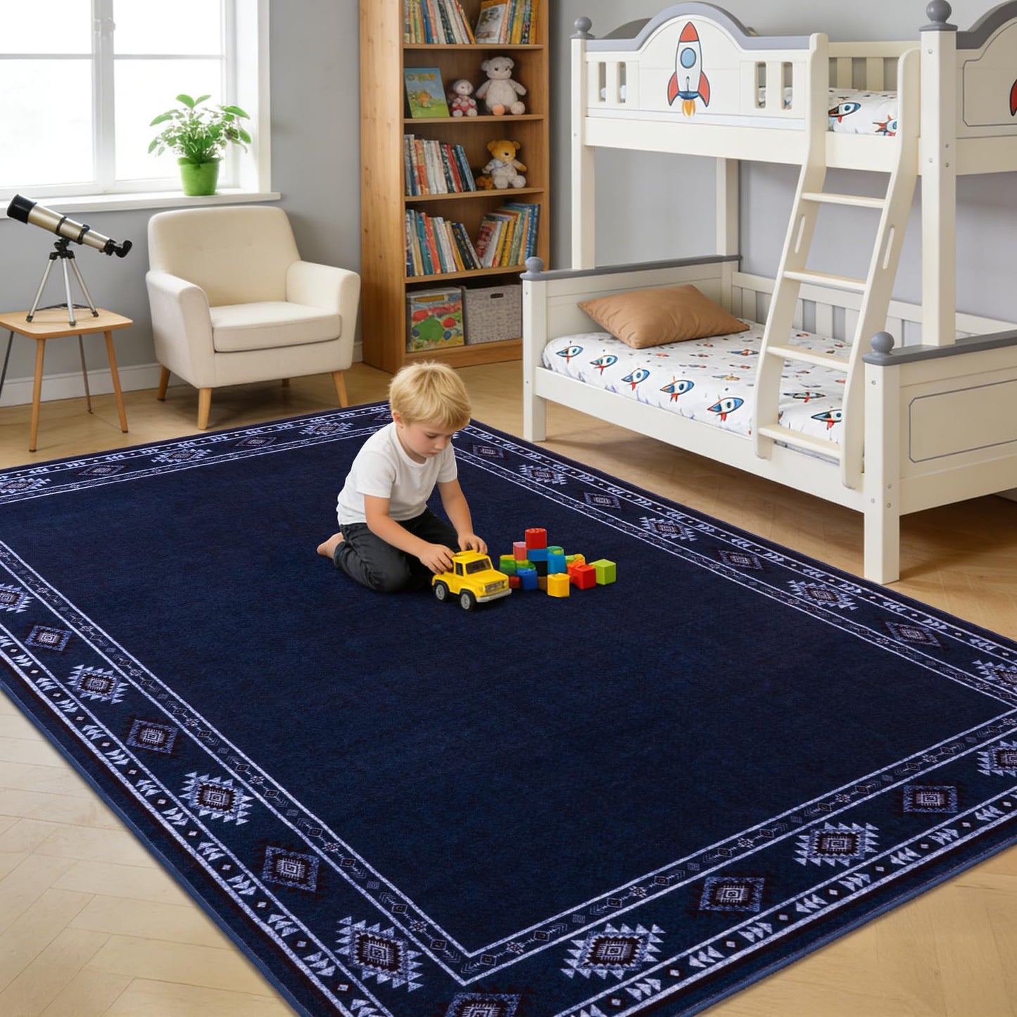 QDUIDU Large Area Rug for Bedroom Living Room, 4x6 Feet Ultra Soft Navy Blue Rugs Washable Modern Geometric Bordered Non Slip Low Pile Carpets Home Decor
