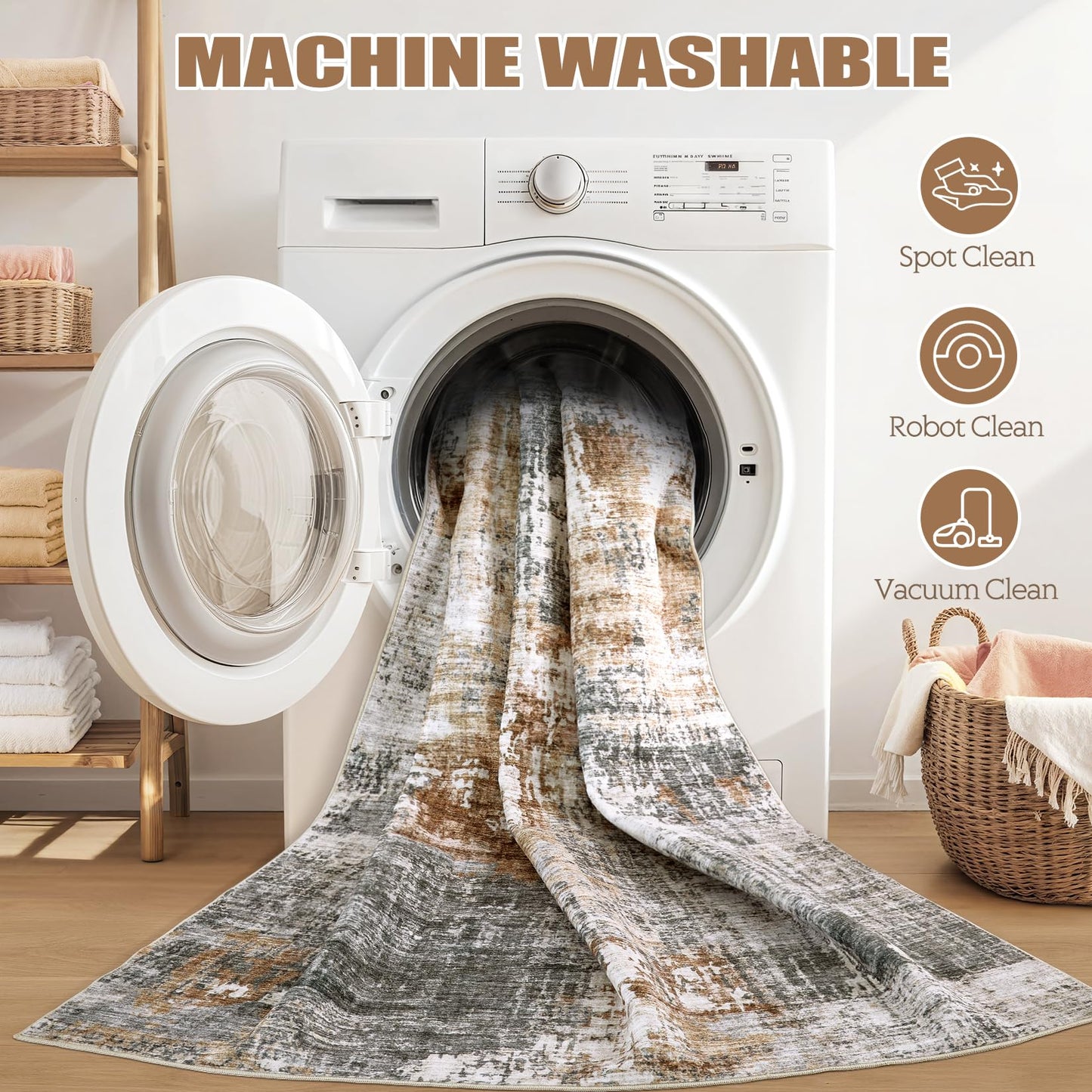 DMOYEST 5ft Round Area Rug Living Room Rugs - 5x5 Washable Large Soft Indoor Neutral Modern Abstract Low Pile Rug Carpet for Bedroom Dining Room Farmhouse Home Office - Grey Brown