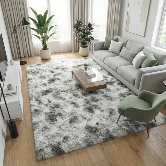 Fluffy Rugs for Living Room:Tie-dye White Grey Soft Shag Rug for Bedroom, Large Fuzzy Plush Indoor Floor Carpet Non Slip Modern Rug for Nursery Boys Girls Kids Room Dorms Home Decor, 7x10 Feet