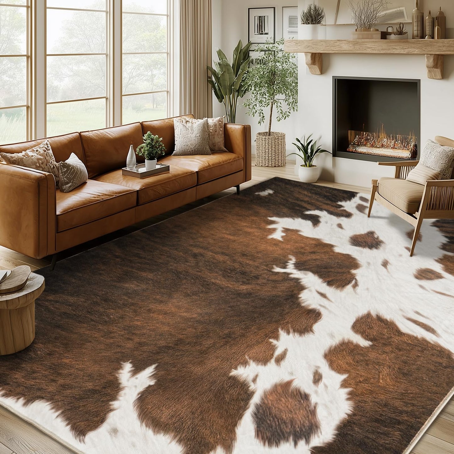 plumlik Cowhide Rug Area Rugs for Living Room, 8x10 Cow Print Rug Machine Washable for Bedroom Dining Room Western Home Decor Non-Slip Low Pile Indoor Floor Carpet