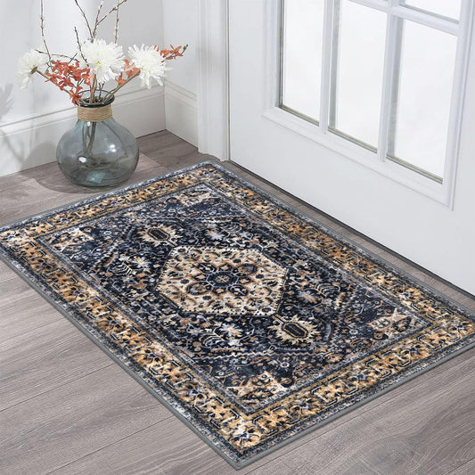 KOZYFLY Small Area Rug 2x3 Ft Rugs for Entryway Washable Boho Entry Rug Non Slip Door Mat Indoor Gold/Orange/Navy Printed Faux Wool Vintage Kitchen Rug Throw Rugs for Entrance