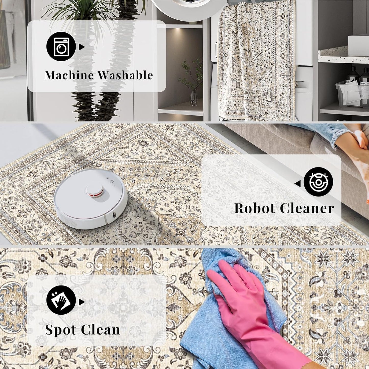 Washable 7x9 Area Rugs for Living Room: Soft Bedroom Rug Non Slip Rugs with Rubber Backing Ultra Thin Low Pile Carpet for Dinging Room Home Office Decor Beige/Gray