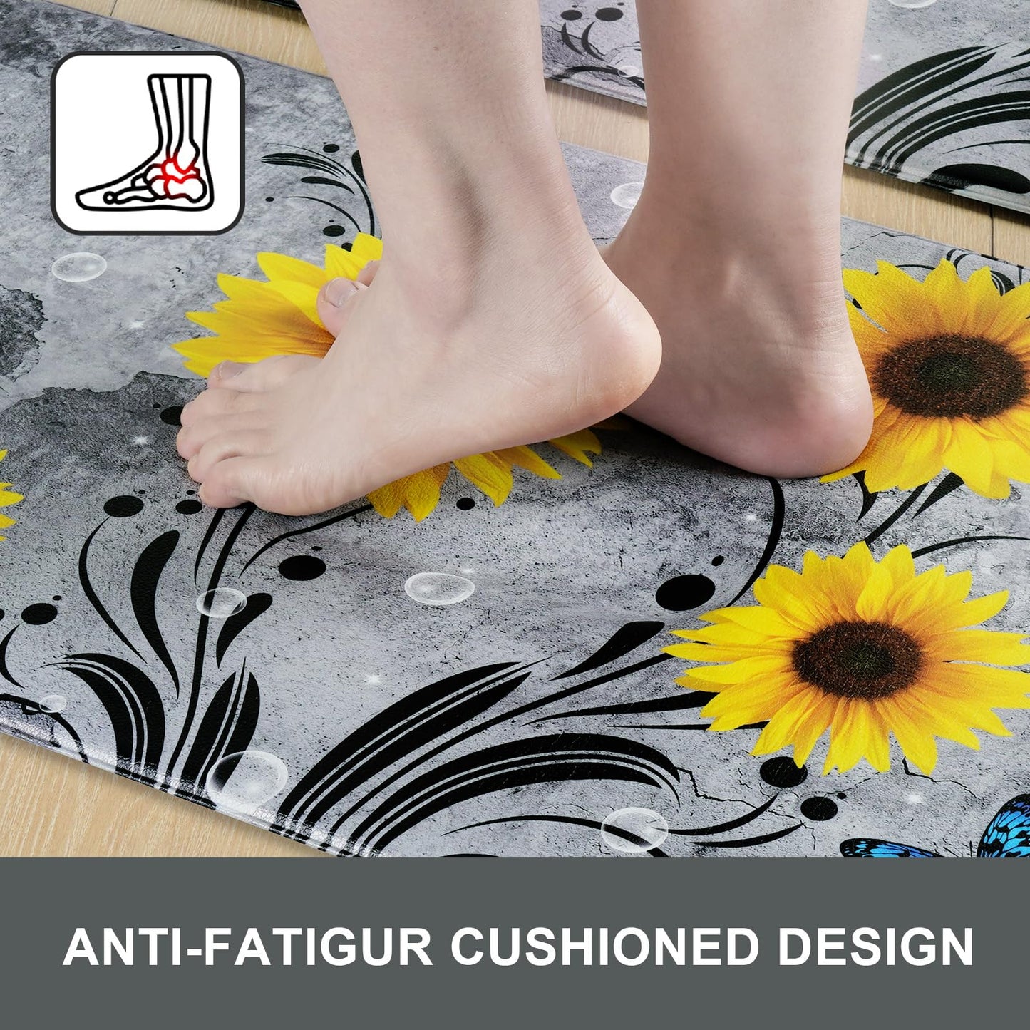 Likiyol Sunflower Kitchen Rugs Sets of 2 Kitchen Mats for Floor Anti Fatigue Mats for Kitchen Floor, Spring Kitchen Rugs Non Slip was Washable, Floral Standing Floor Mats, 18''x30''+18''x48'' (Gray)
