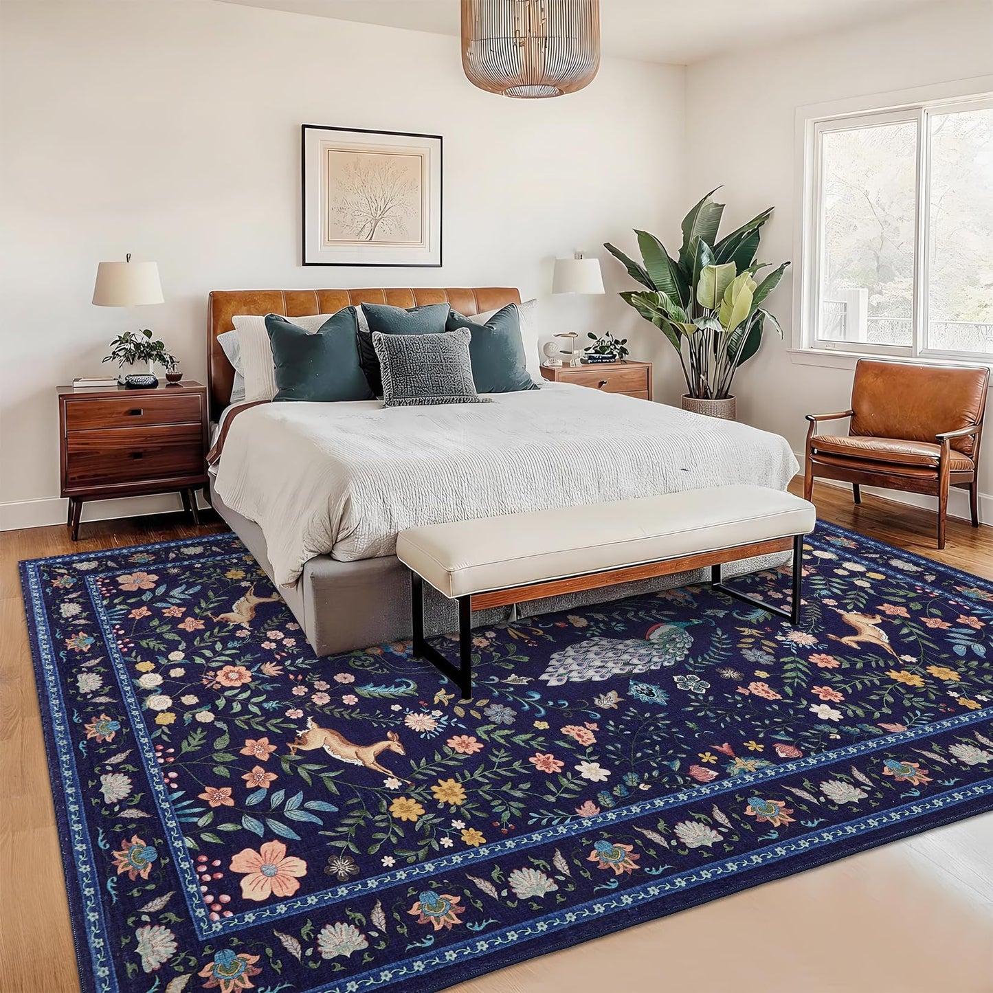 Garvee Living Room Rug 8x10 Washable Rug Floral Rugs for Bedroom Non Slip Low Pile Indoor Carpet Soft Non-Shedding Foldable Thin Mat for Bedroom Dining Room Farmhouse Kids Playroom Office Dorm Blue