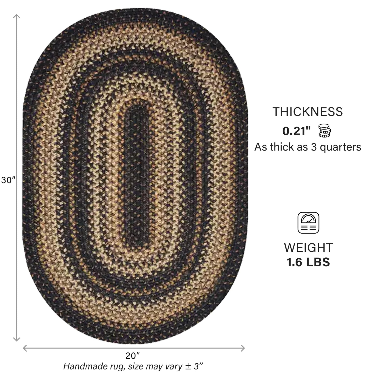 Homespice Kilimanjaro Black & Tan Oval Jute Rug 20x30 - Braided Kitchen Rugs for Primitive Farmhouse Kitchen Decor, Reversible, No Shed Jute for Easy Maintenance