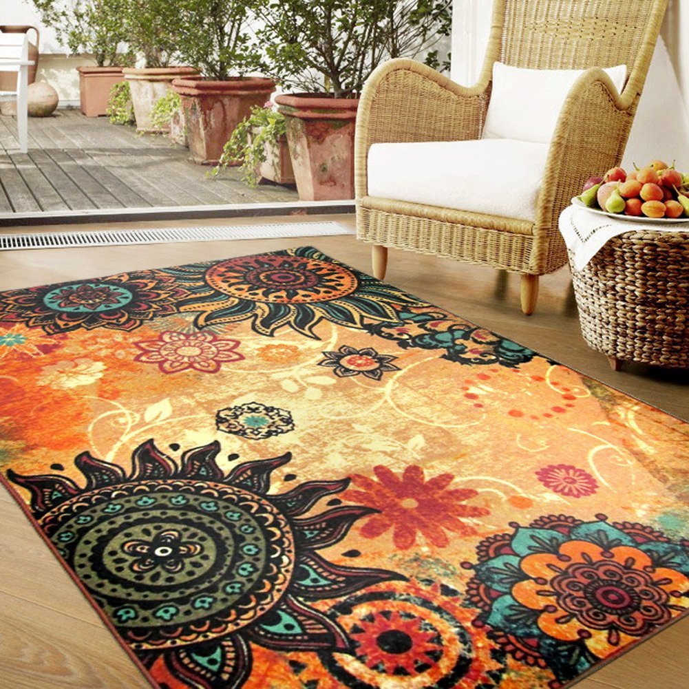 EUCH Contemporary Boho Retro Style Abstract Living Room Floor Carpets,Non-Skid Indoor Large Area Rugs,52"x75" Lotus