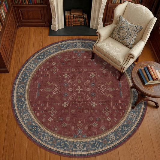 Burgundy Washable 6ft Round Rugs for Living Room - Boho Circle Rug for Small Kitchen Table, Bedroom, Dining Room, Study Room, Home Office, Dark Red Vintage Oriental Soft Non Slip Indoor Décor