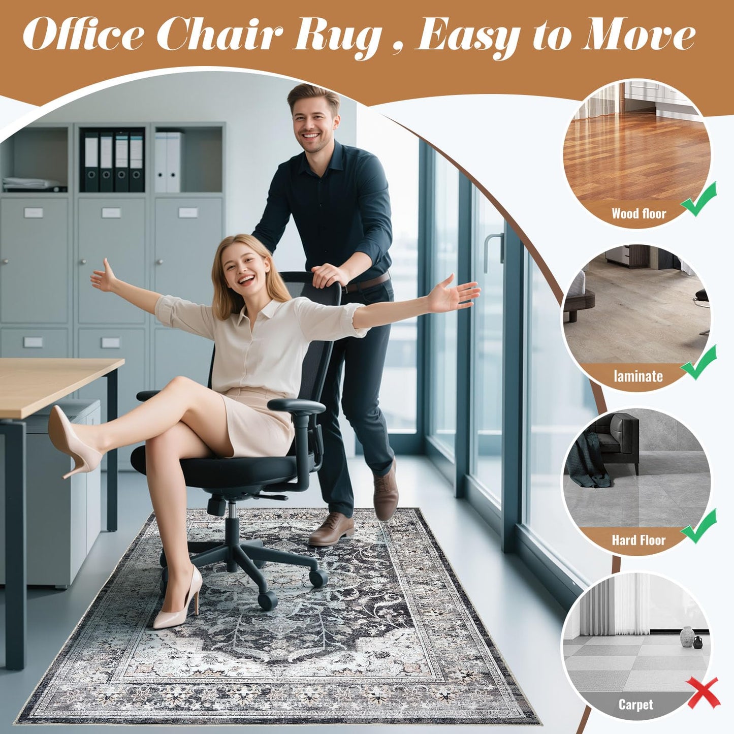 Office Chair Mat for Hardwood Tile Floor, 36"x48"Anti-Slip Under Desk Carpet Protector for Rolling Computer Chair Mat, Machine Washable Office Area Carpet (Chenille,Brown)