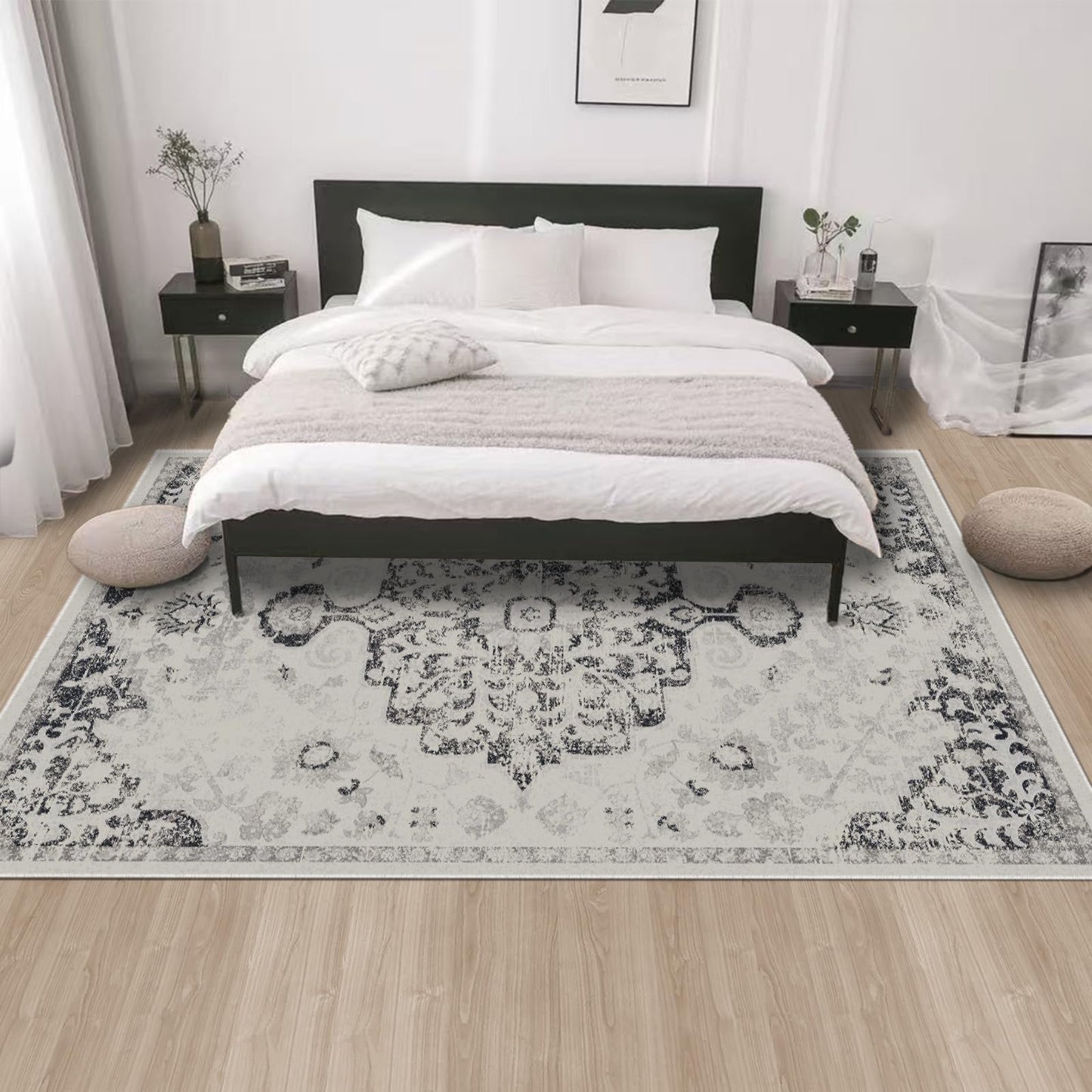 LOOMY Area Rug 8x10 Washable Rug Gray Vintage Traditional Mat Distressed Indoor Foldable Thin Retro Accent Floral Non Slip Carpet Living Room Dining Room Office