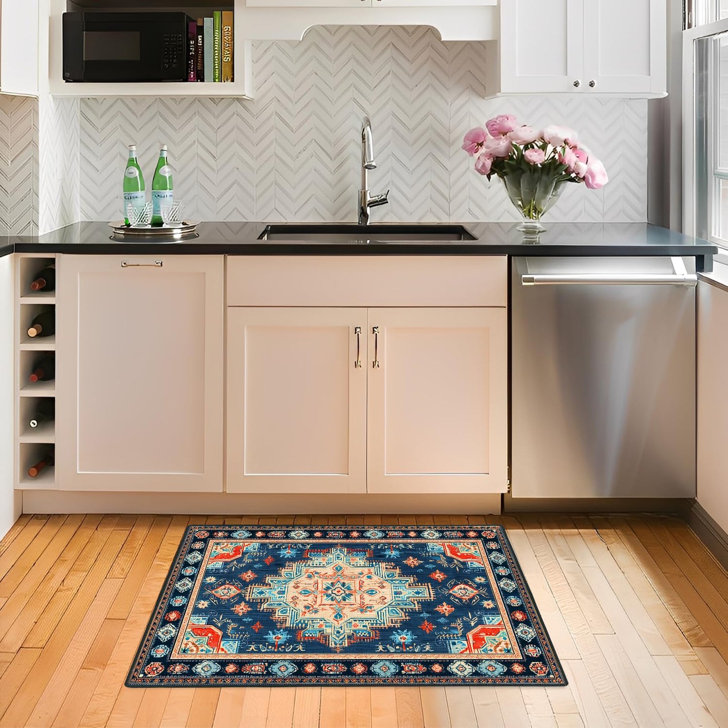 Navy Blue Coral Tribal 2x3 Entry Rug,Washable Small Rugs for Entryway Kitchen Bathroom Door Mat Indoor Entrance,Non Slip Rubber Backing,Stain & Fade Resistant,Bohemian Southwestern Decor