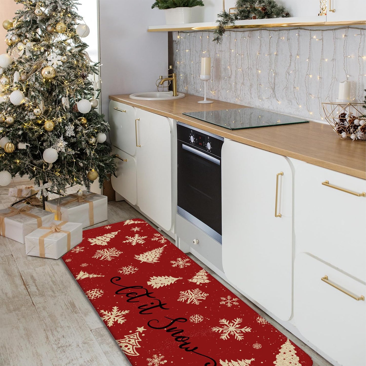 Red Christmas Kitchen Mats Set of 2, Linen Xmas Kitchen Rugs, Merry Christmas & Let It Snow Design, Non-Slip Floor Mats for Kitchen, Entryway Christmas Decor 17x30+17x47 Inch