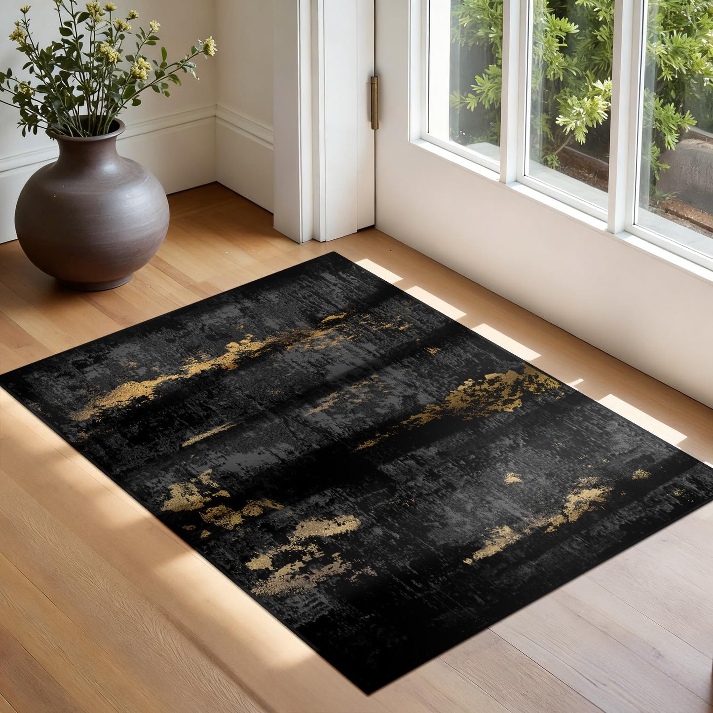 RELEANY Washable Area Rugs 2'x3' Non-Slip Modern Abstract Soft for Living Room Entryway Bedroom Kitchen, Print Pattern, Dark Black Gold
