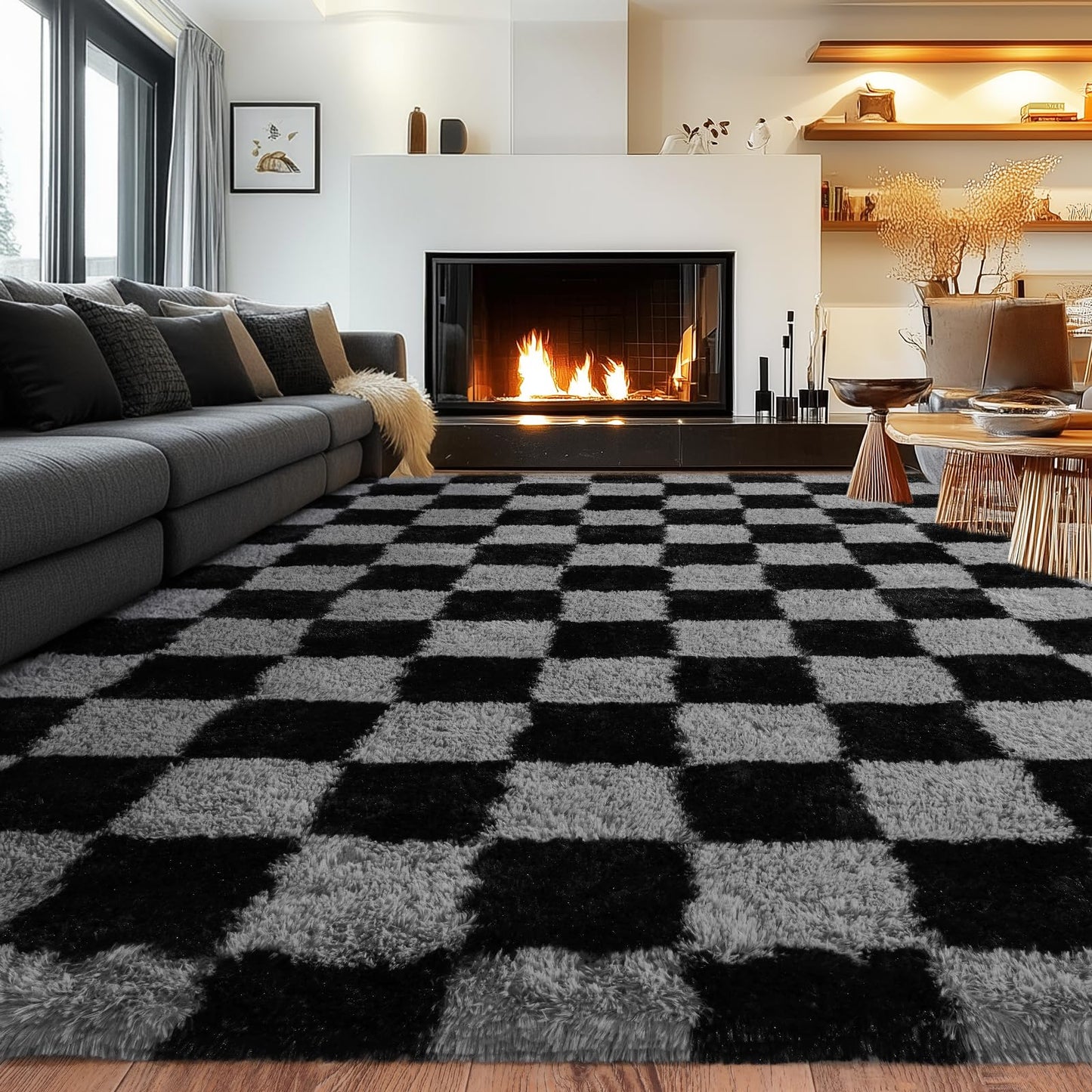 Rezutan Ultra Soft Rugs for Bedroom 8x10 Feet, Checkered Black Grey Fluffy Shag Area Rugs for Living Room, Large Comfy Furry Rug for Girls Kids Baby Room Decor Teenage Pastel Princess Rug, Non Slip