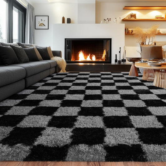 Rezutan Ultra Soft Rugs for Bedroom 8x10 Feet, Checkered Black Grey Fluffy Shag Area Rugs for Living Room, Large Comfy Furry Rug for Girls Kids Baby Room Decor Teenage Pastel Princess Rug, Non Slip