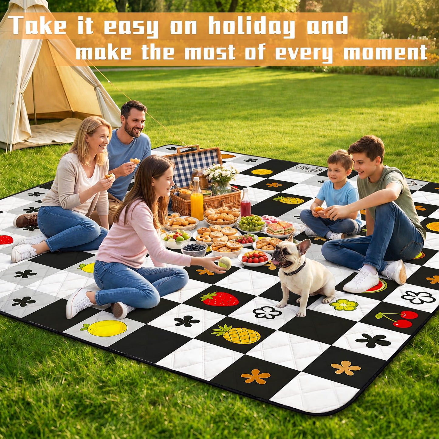 Alissgorat Picnic Blankets Outdoor Blanket,80"x 80" Extra Large Waterproof Sandproof Foldable Beach Blanket Grid Picnic Mat for Camping,Lawn,Park(Black)