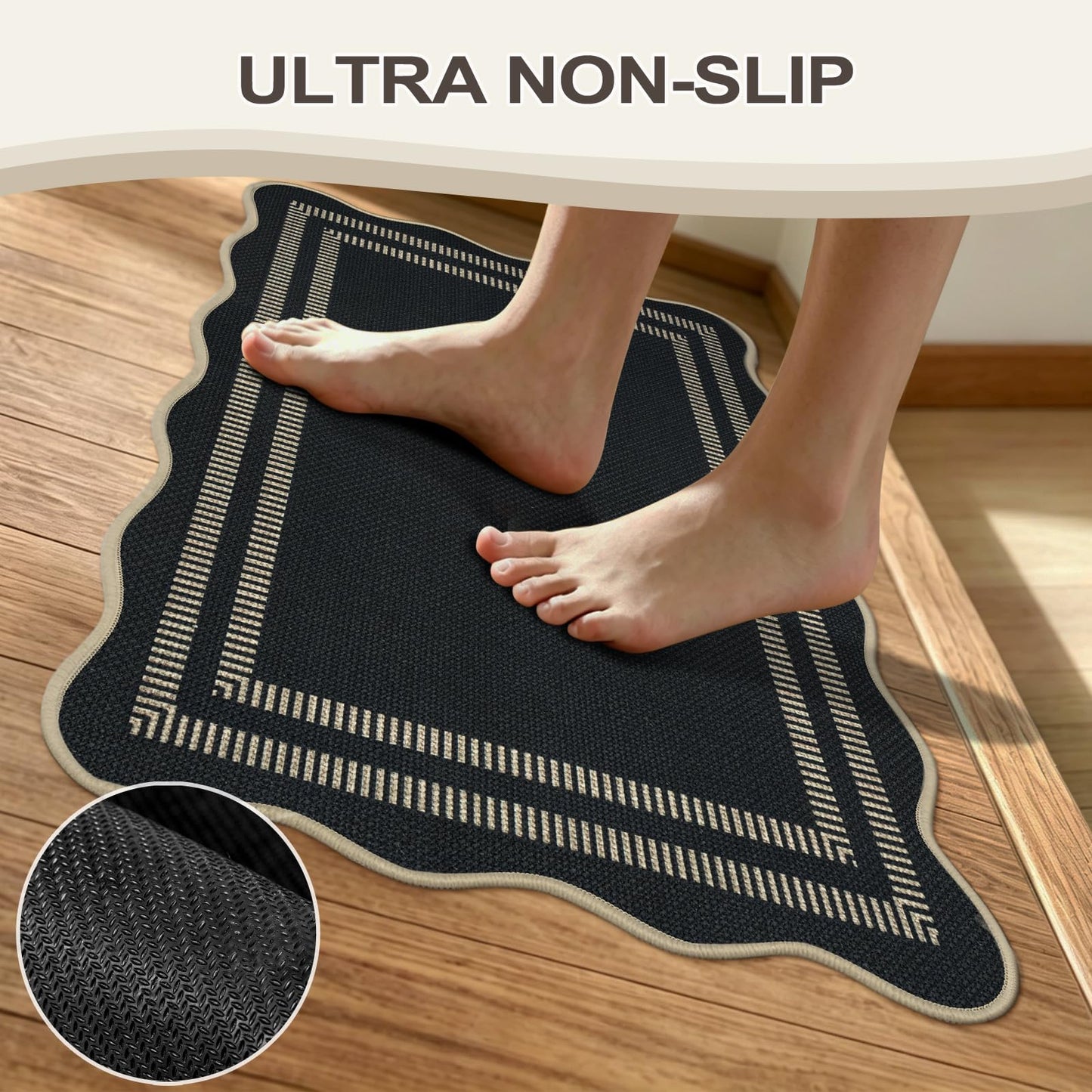 Leccod Kitchen Rugs Non Slip Washable, 17.3"x30" Cushioned Scalloped Rug Kitchen Mats for Floor, Absorbent Imitation Linen Braided Standing Mat for Sink Laundry Kitchen Decor