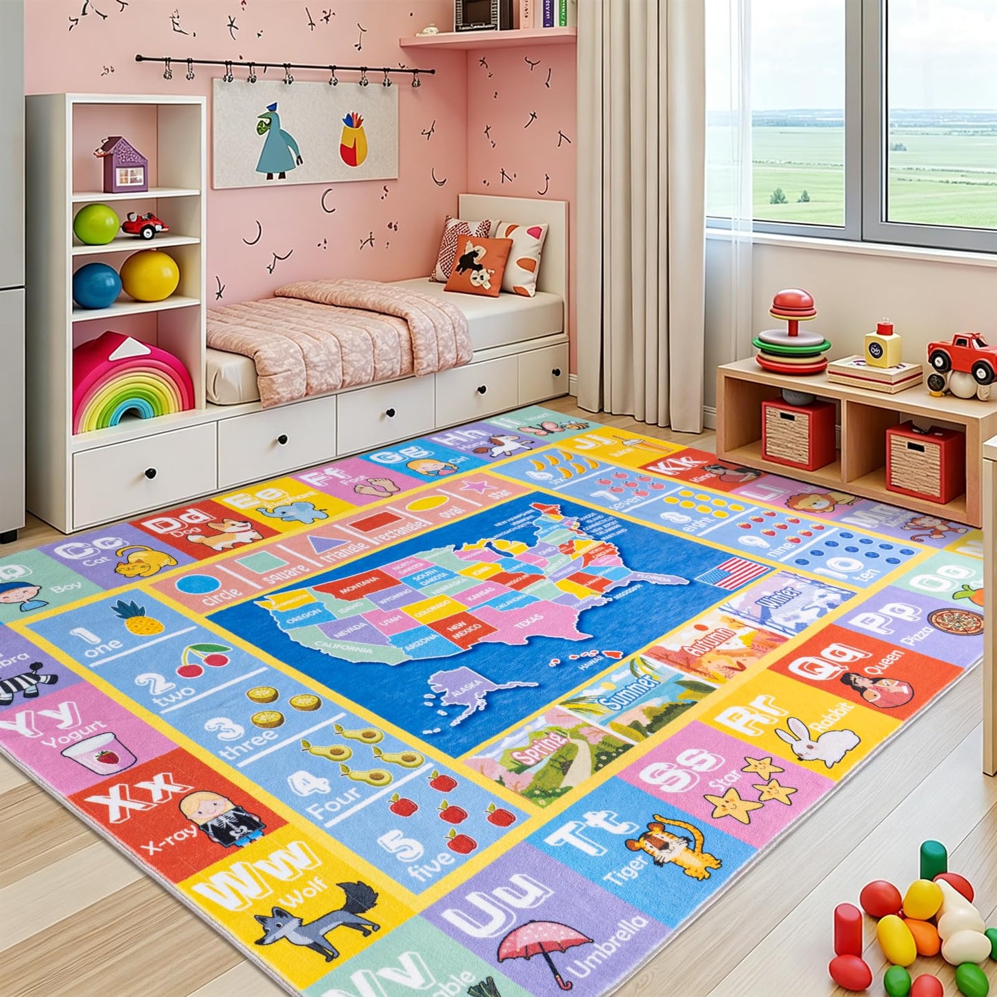 OHDS Kids Rugs for Playroom - Soft & Non-Slip 3x4 Feet Educational Rug for Learning ABC Alphabet, Numbers, Shapes & Map, Washable Classroom Rug for Toddler Nursery & Kids Room Decor