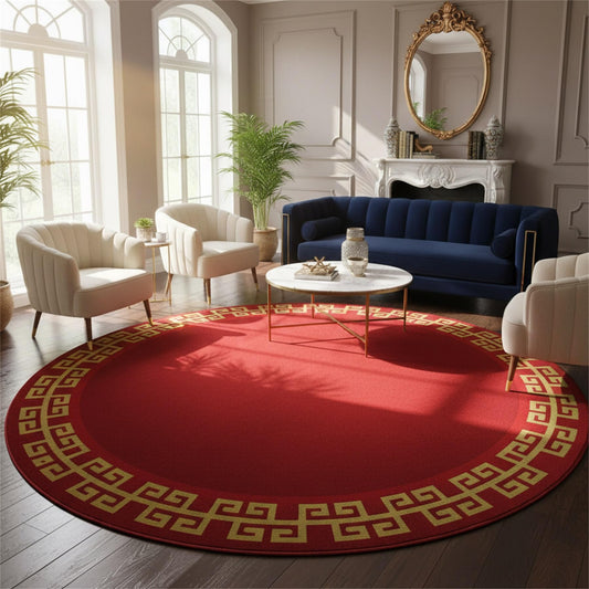 Lux Vintage Minimalist Greek Key Border Round Rugs 6ft Traditional Oriental Red Gold Geometric Area Rug for Living Room Bedroom Dining Room Minimalist Non Slip Soft Thin Home Office Circle Carpet