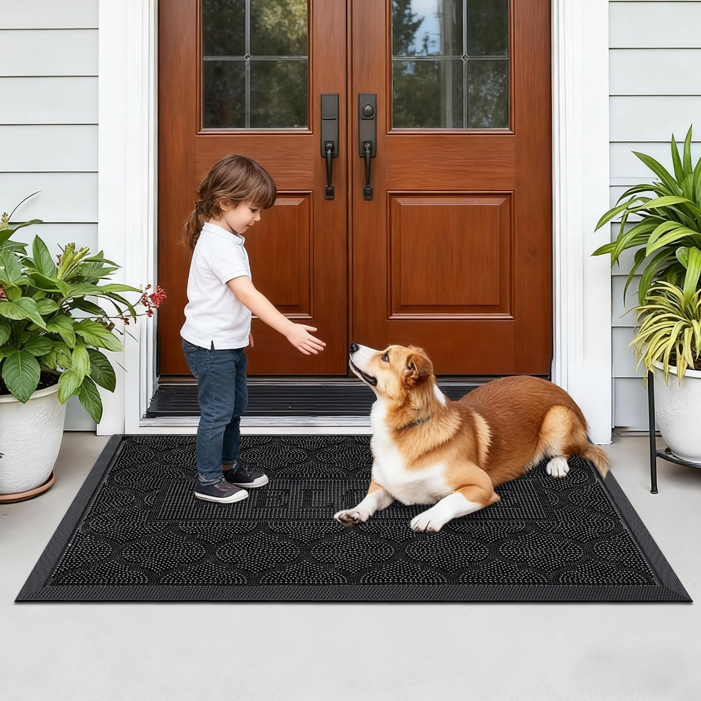 FRAMICS Rubber Doormat 24x36 Inches Heavy Duty - Non-Slip, Waterproof Entry Mat for Outside Front Door, Low Profile Dirt Trapper for All Seasons, Patio, Garage, High Traffic Areas, Black