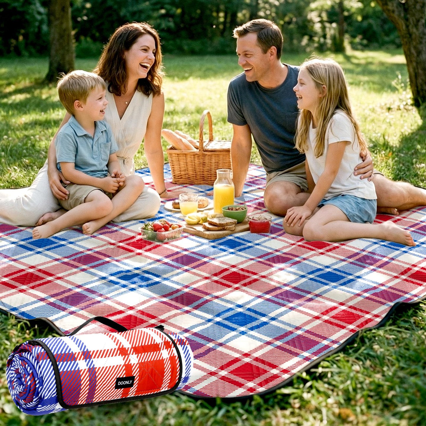 Doonly Picnic Blanket, Large Waterproof Sandproof Beach Blanket, Foldable Outdoor Blanket Picnic Mat for Beach, Camping, Park, Grass, Lawn, Travel, Patriotic Red White and Blue