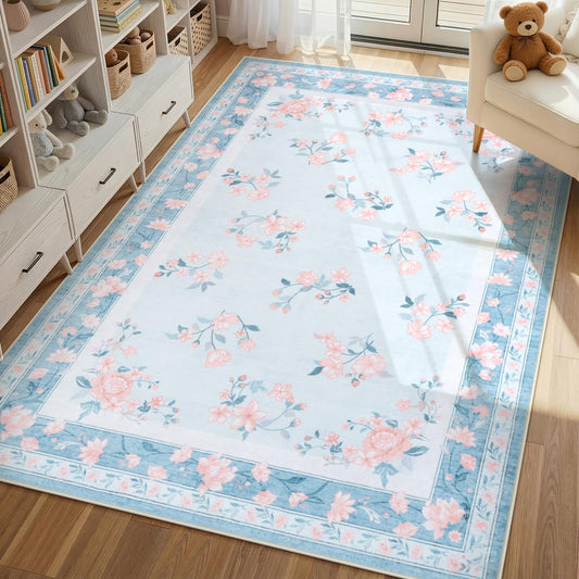 LIVEBOX Washable Area Rug 5x7 - French Country Living Room Rug Non-Slip Nursery Rugs for Boy Girls Bedroom, Soft Carpet Floral Rugs for Play Room Office, Light Blue