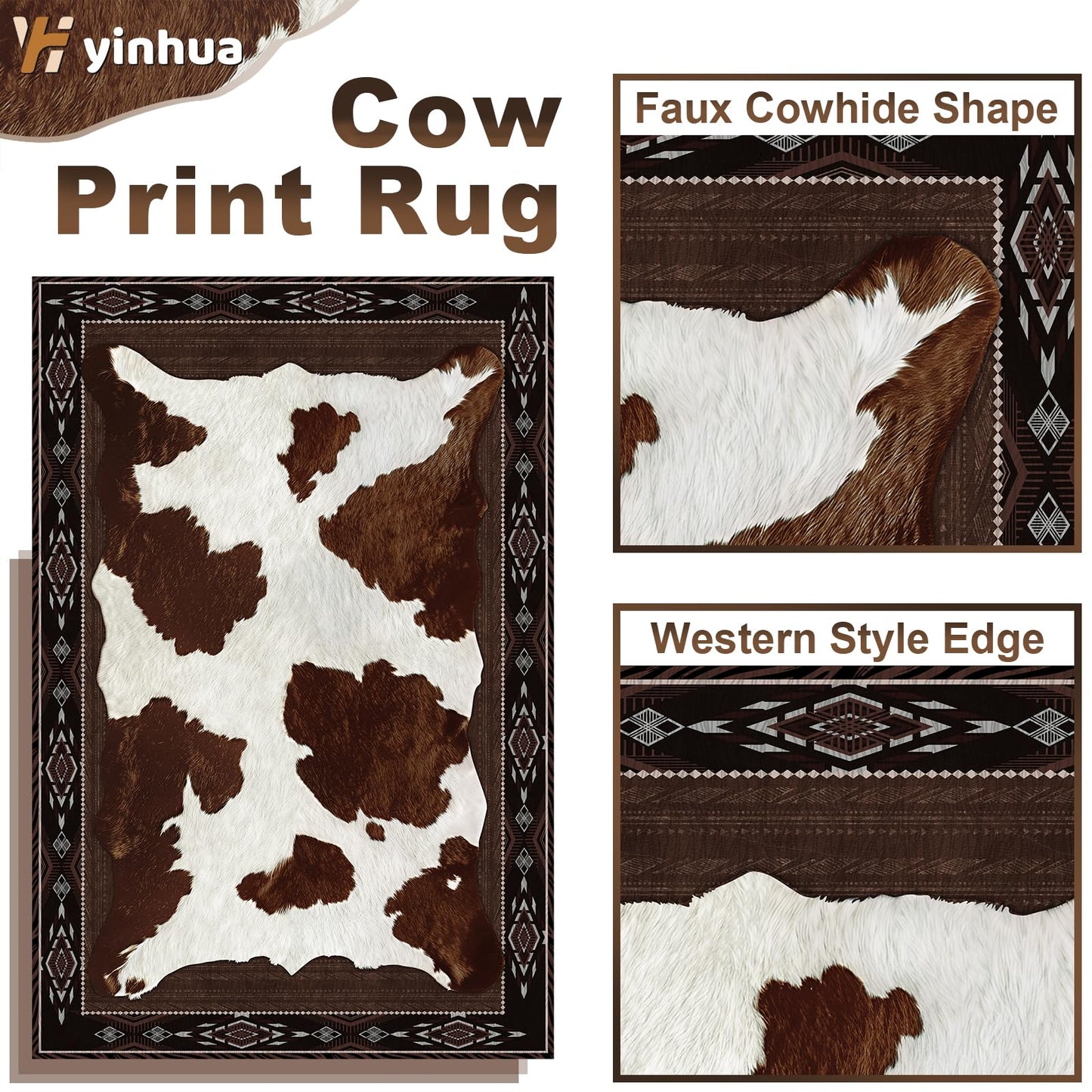 Yinhua Cowhide Rugs for Living Room 4x6 Cow Print Rug for Bedroom Washable, Soft Faux Animal Print Rug Low Pile Non Slip, Western Rustic Rugs for Dining Room Nursery Home Office, Brown and White