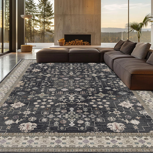 shinefly 8x10 Washable Area Rugs for Living Room, Non-Slip Stain Resistant Soft Vintage Extra Large Area Rug, Low Pile Indoor Boho Rug for Bedroom Dining Room Farmhouse (Charcoal Blush Ivory)