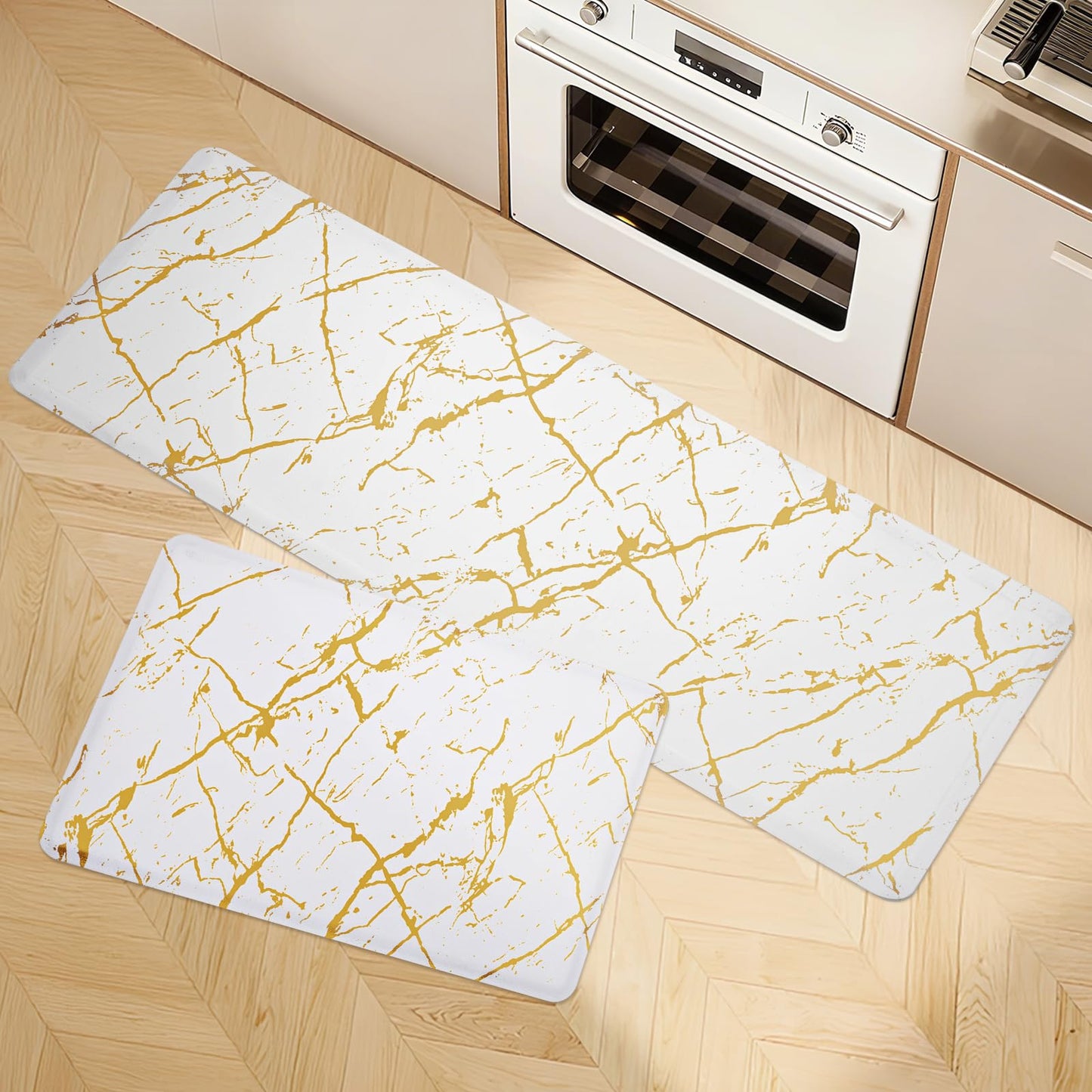 UKISS marbling Kitchen Rugs, Cushioned Kitchen Mats, Anti Fatigue Mat for Floor, Waterproof Kitchen Rug，Non-Slip Comfort Standing Mat for Kitchen&Office (White, 17.3 x 28 inches+17.3 x 47inches)