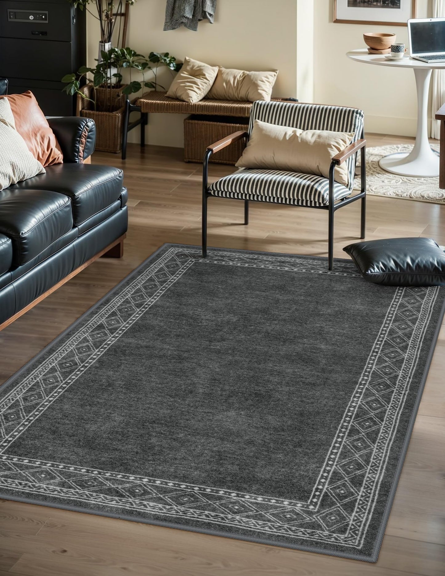 Lahome Modern Bordered Machine Washable Rug, Ultra-Thin Soft 3x5 Rugs for Bedroom Entryway Living Room, Non-Slip Stain Resistant Small Carpet for Laundry Entry（3'x 5',Gray