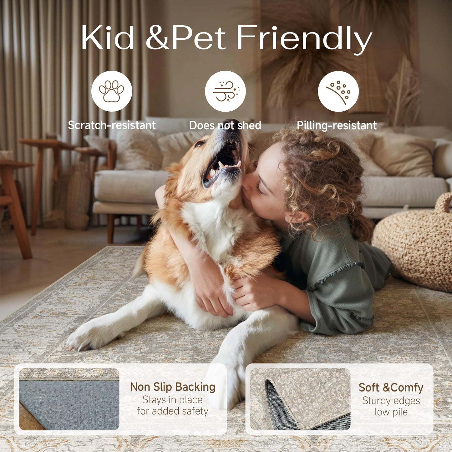 WondRg 8x10 Washable Area Rug for Living Room Bedroom Taupe Low Pile Non Slip Rug Neutral Distressed Carpet Dining Room Classroom Playroom Home Decor