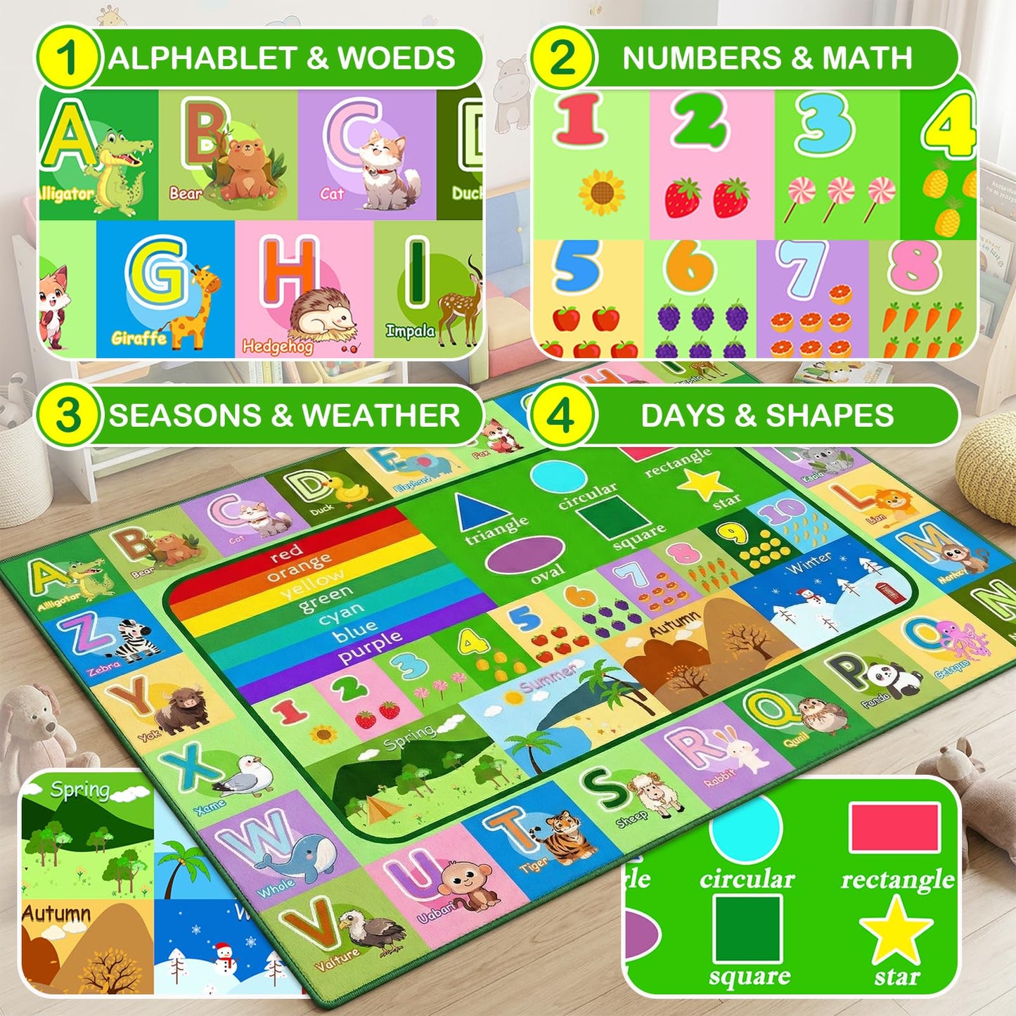 OGPJKEQR 3x5ft Kids Educational Rug, Non-Slip Machine Washable ABC Alphabet Mat & Learning Carpet for Playroom Bedroom, Nursery Floor Play Mat with Numbers, Animals & Seasons, Preschool Classroom Rugs