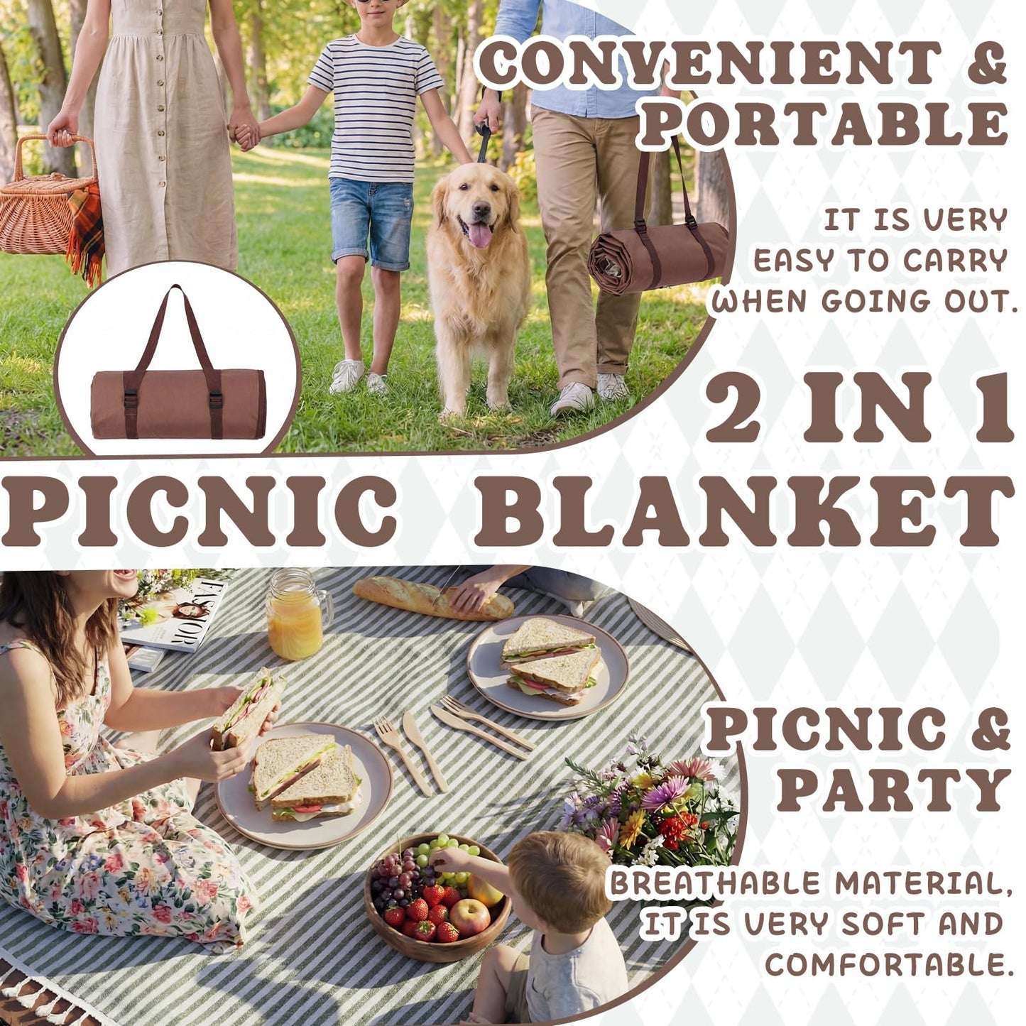 Breling 2 in 1 Double Layer Outdoor Picnic Blanket + Mat, Green Stripe Boho Large Waterproof Beach Mat Foldable Portable Camping Blankets with Carry Strap Tassel for Summer Park Grass 59'' x 79''