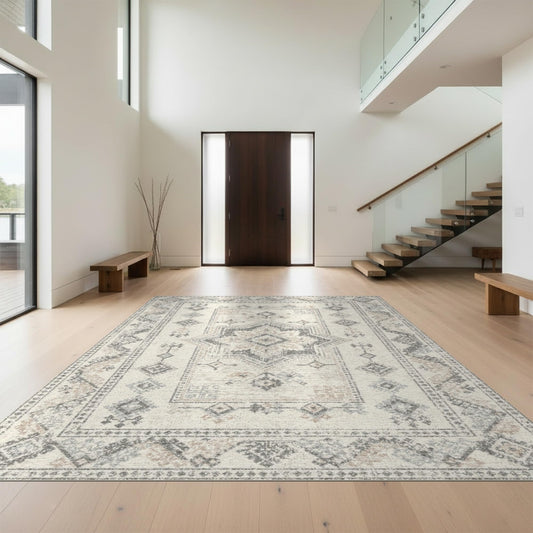 Design&I 8'x10' Washable Area Rug Traditional Medallion Centerpiece Rectangular Border Panel Design for Dining Room, Large Office, Lounge, Snag-Free Chair-Friendly Large